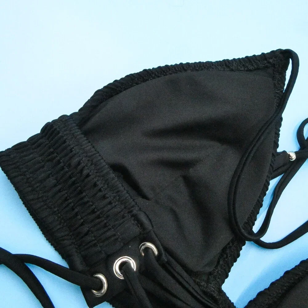 Victorias Secret Medium Black Triangle Halter Ruched Fabric Bikini Top Swimwear‎